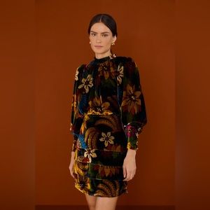 Farm Rio Macaw Floral Velvet Long Sleeve Ballet Mini Dress Small